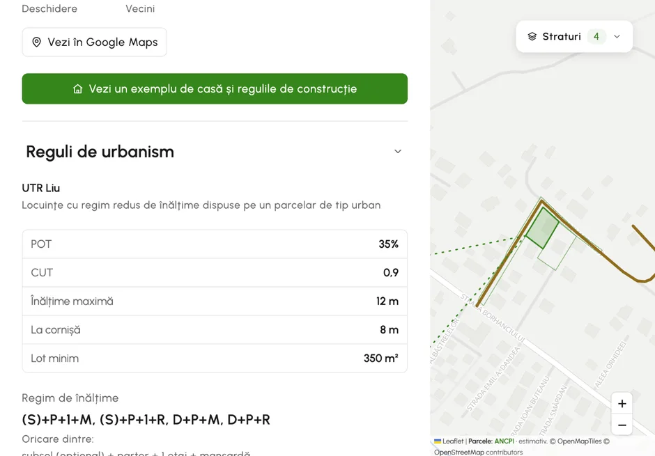 Harta knoha cu o parcelă din Cluj-Napoca selectată și cardul ei de reguli de urbanism: POT, CUT, înălțime maximă și retrageri